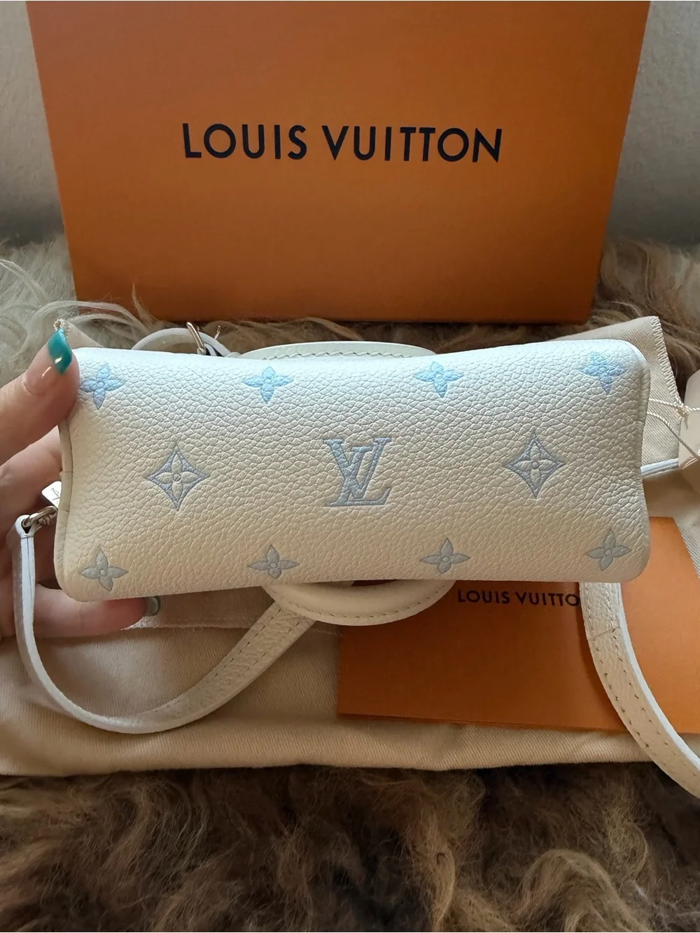 Louis Vuitton White Mini Speedy with Light Blue Monogram